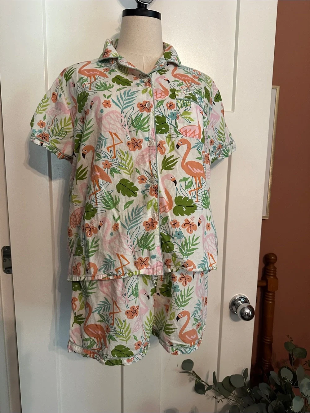 Mahogany Flamingo tropical Print M Short cotton pockets drawstring Pajama Set
